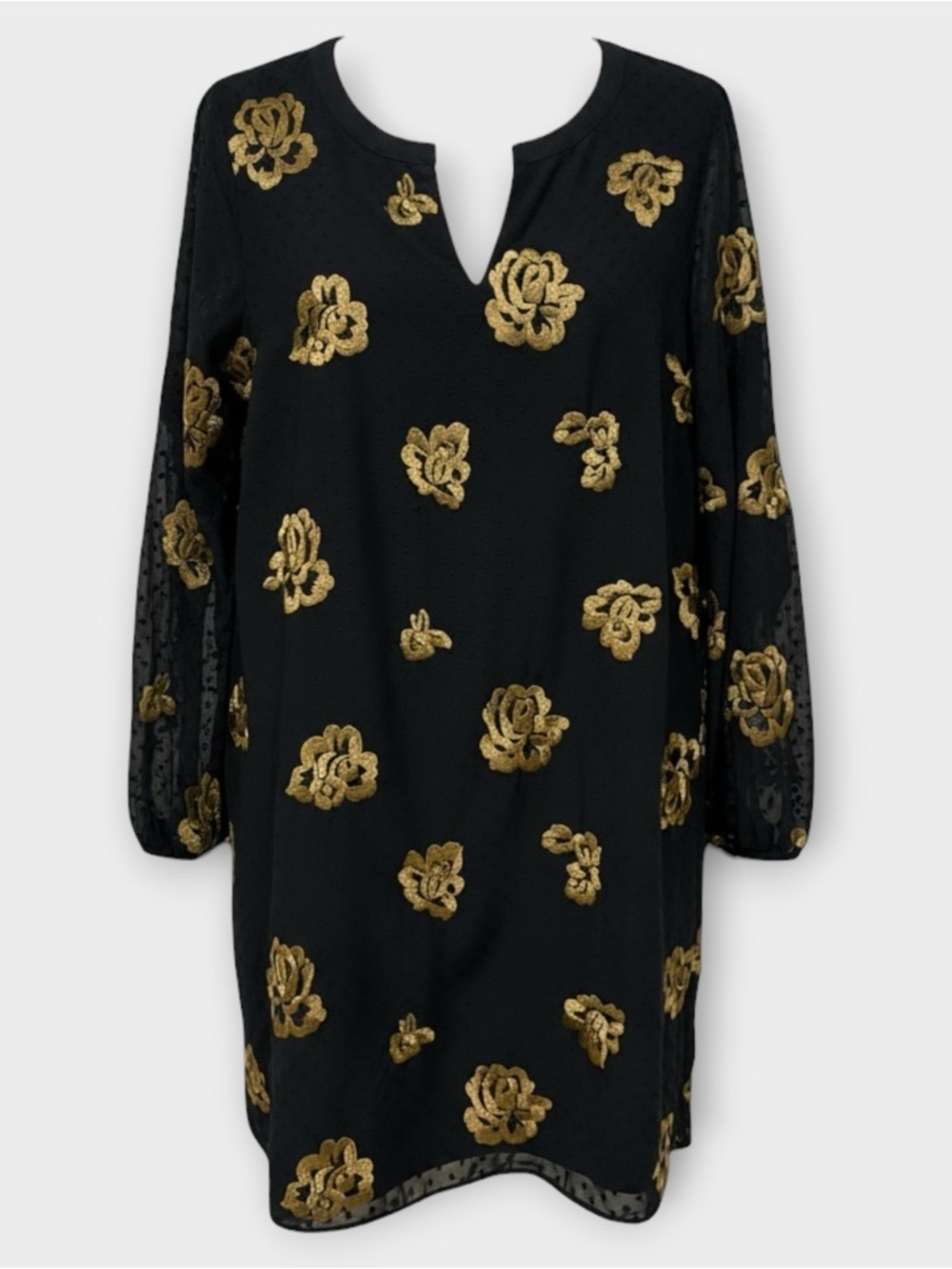 CAbi Black Dress Long Sleeve Size Medium Gold Floral Embroidery